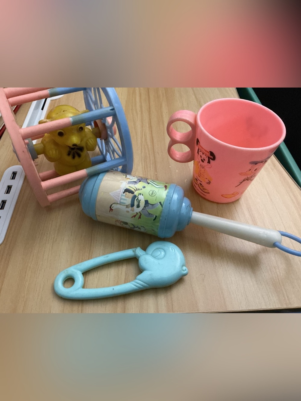 Vintage Pastel Baby Rattle & Toy Set 1950-1960s Blue/Pink & old DISNEY CUP
